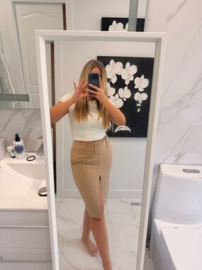 Dynamite Tan Belted Pencil Skirt with Front Slit